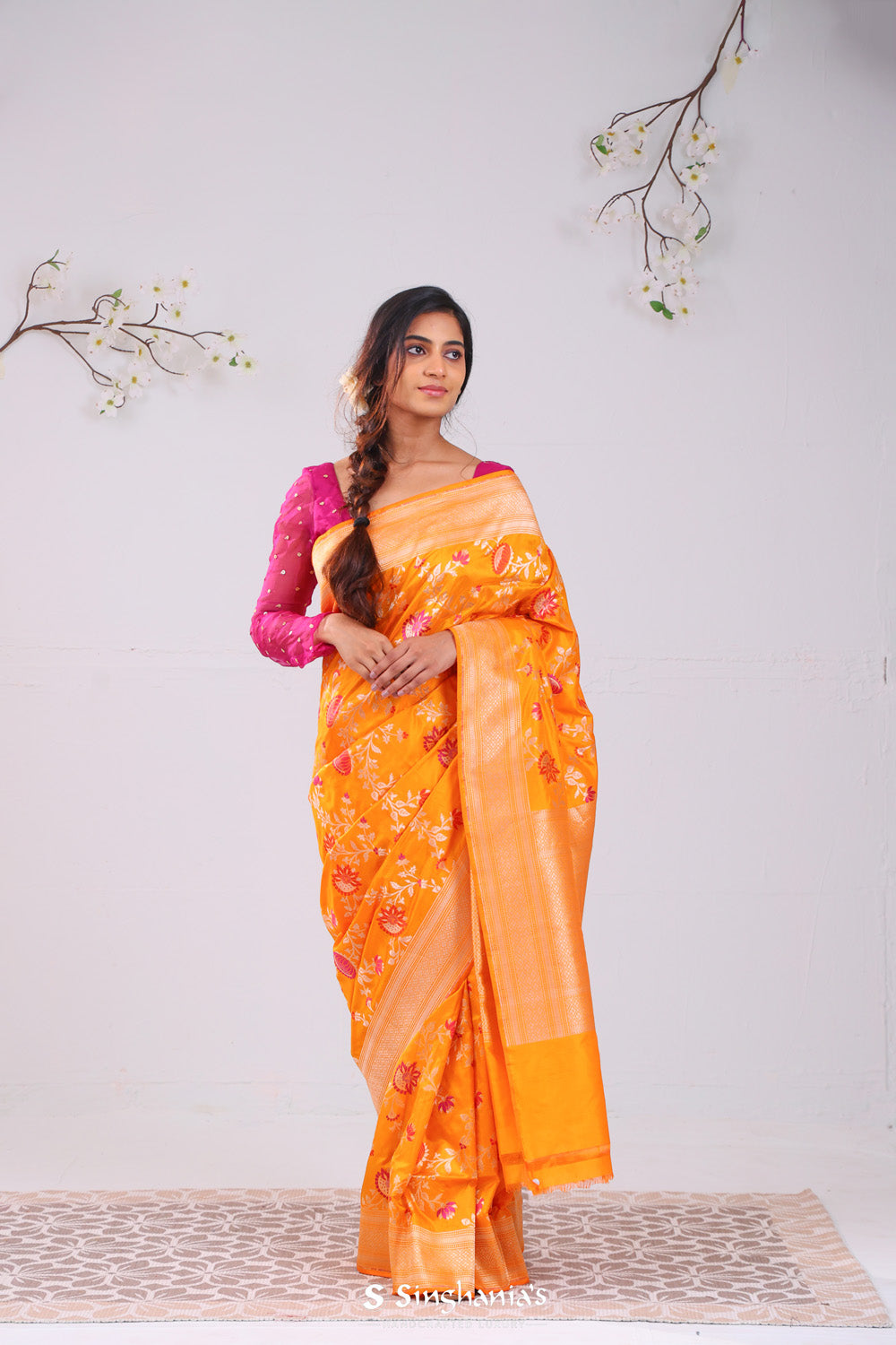 Yellow Orange Banarasi Silk Saree With Meenakari Floral Jaal