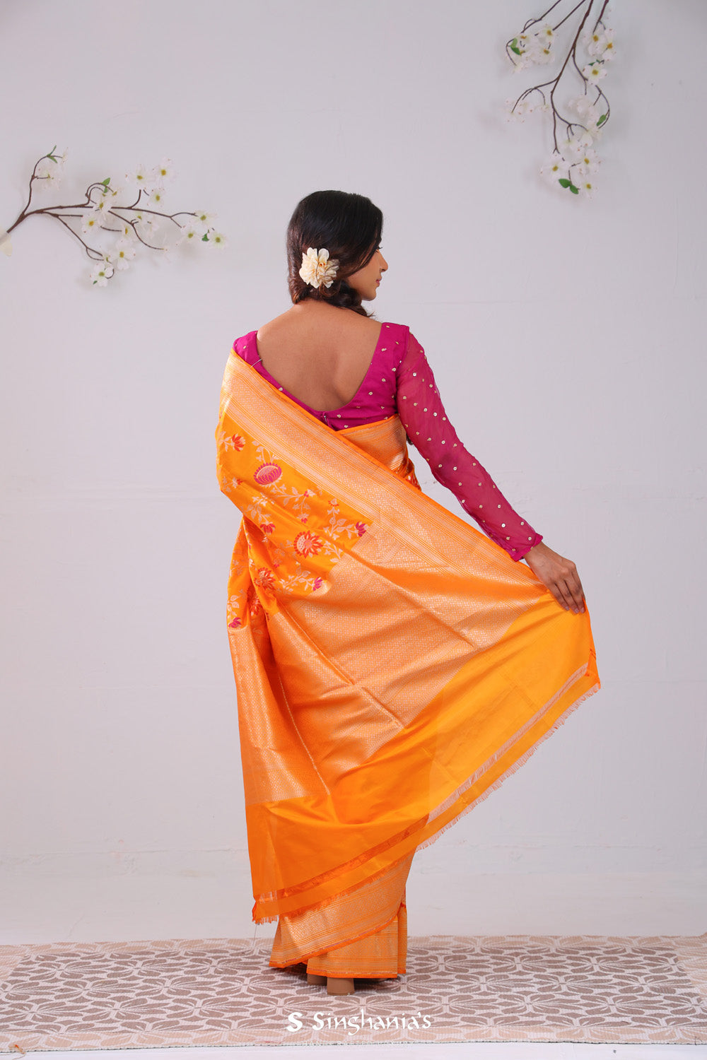 Yellow Orange Banarasi Silk Saree With Meenakari Floral Jaal