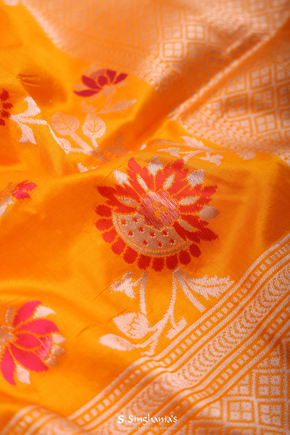 Yellow Orange Banarasi Silk Saree With Meenakari Floral Jaal