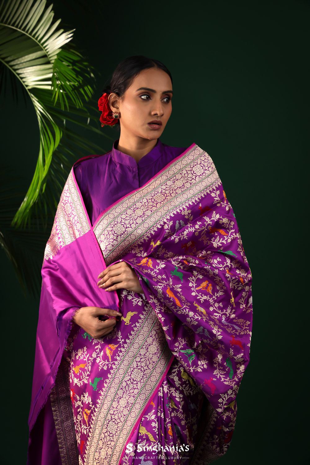 Dark Magenta Banarasi Silk Saree With Animal Motifs