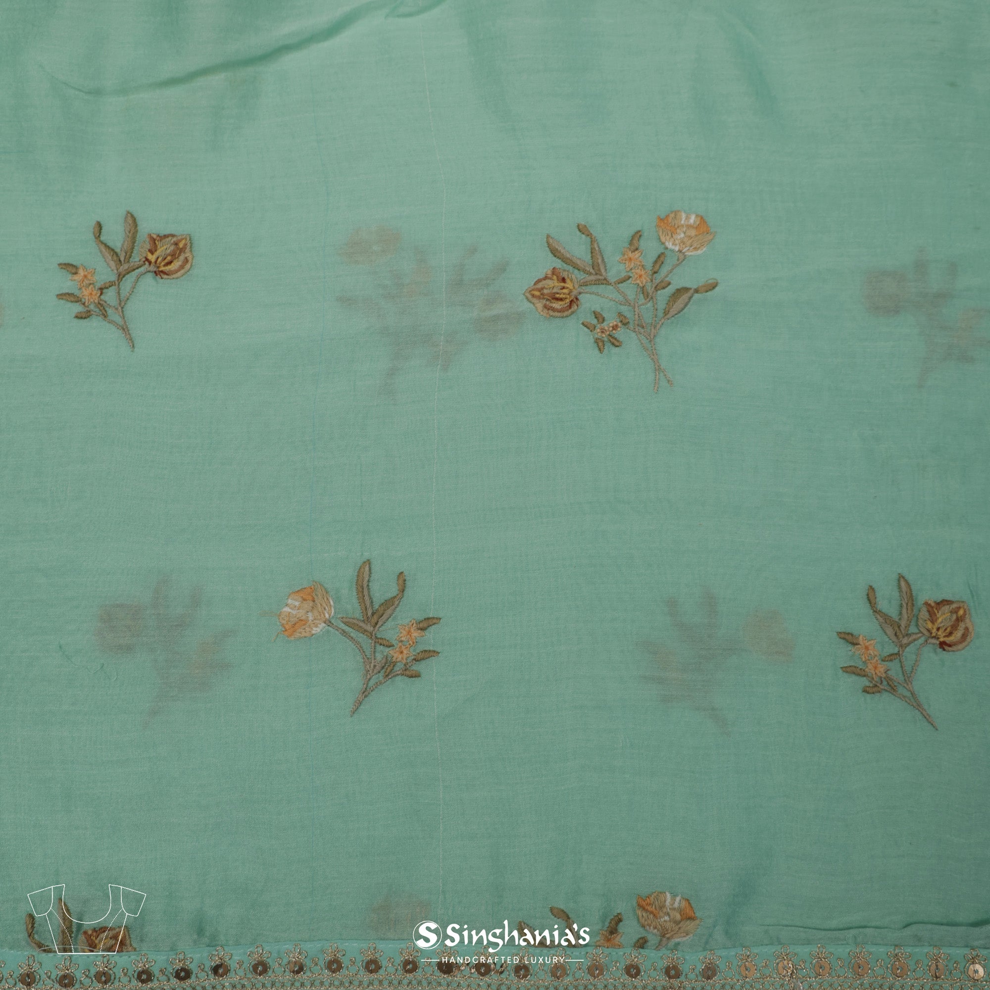 Medium Turquoise Blue Printed Organza Saree With Embroidery