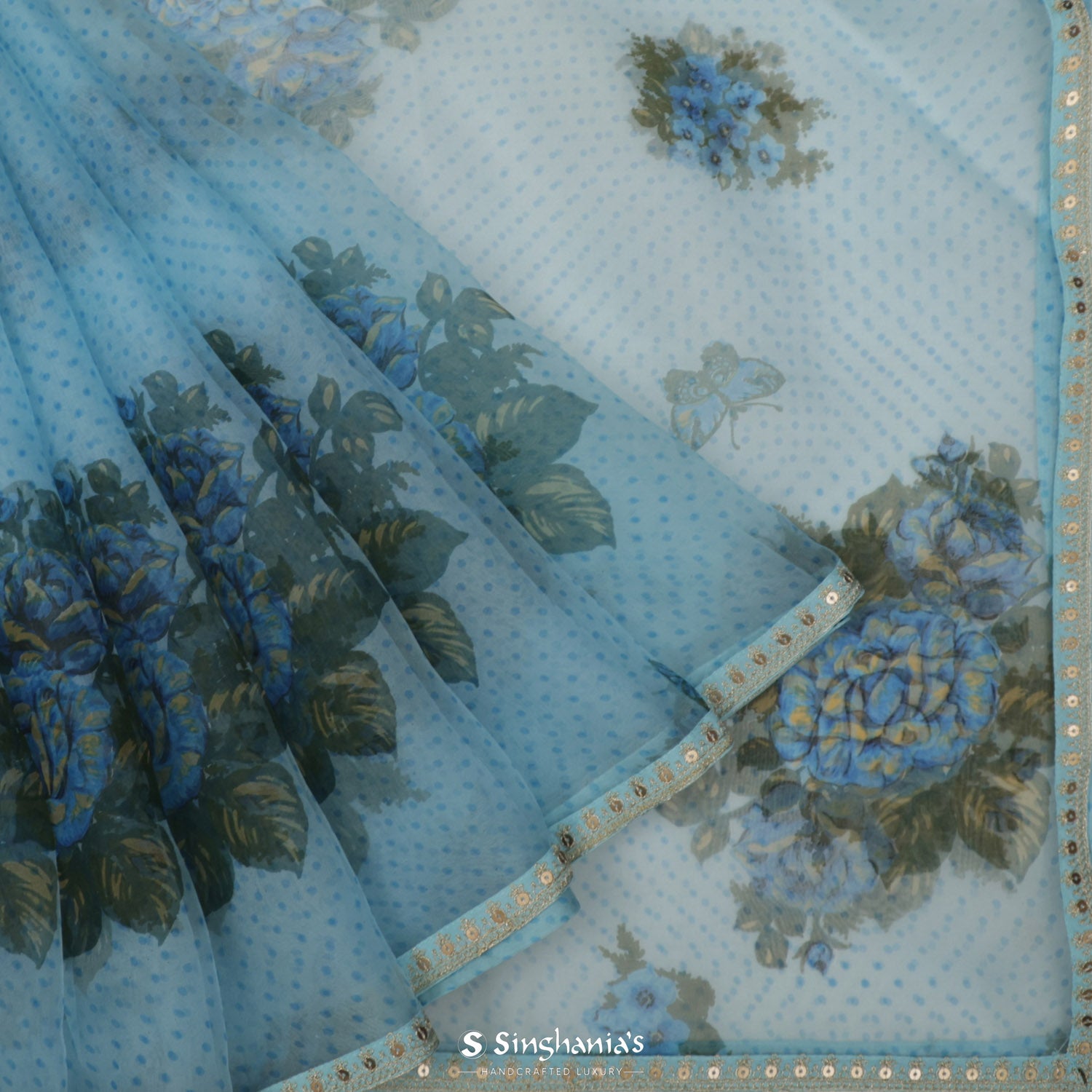 Alaskan Blue Printed Organza Saree With Embroidery