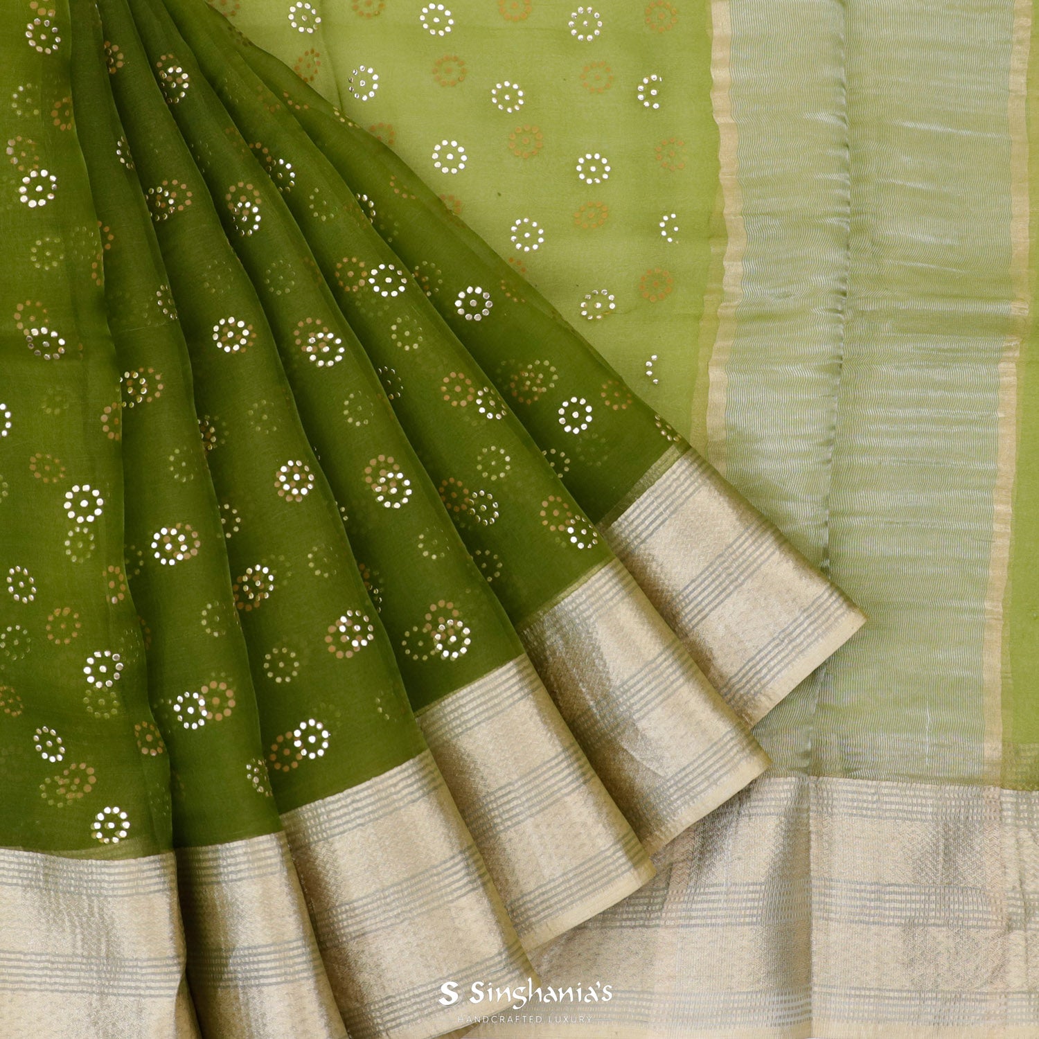 Dark Olive Green Printed Organza Saree With Floral Pattern