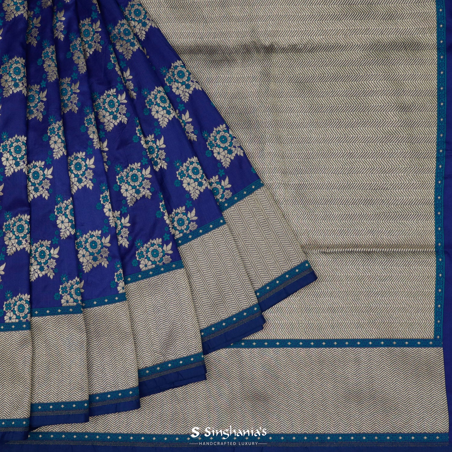 Phthalo Blue Banarasi Silk Saree With Floral Buttis Pattern