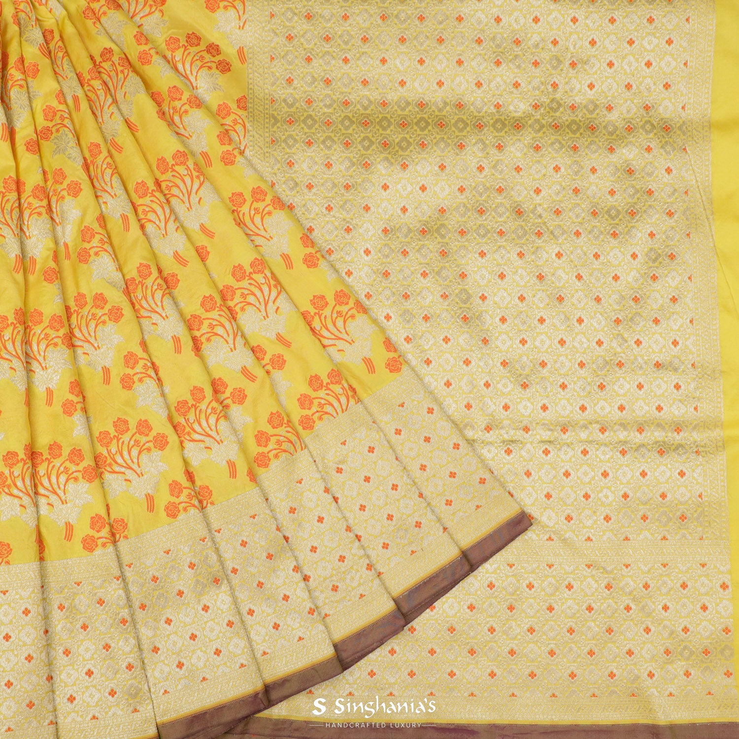 Corn Yellow Banarasi Silk Saree With Meenakari Floral Pattern