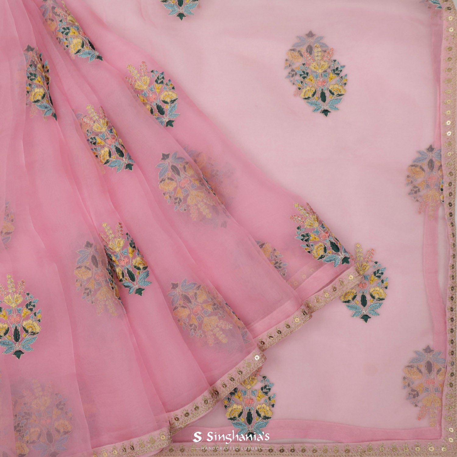 Cotton Candy Pink Organza Saree With Floral Thread Embroidery