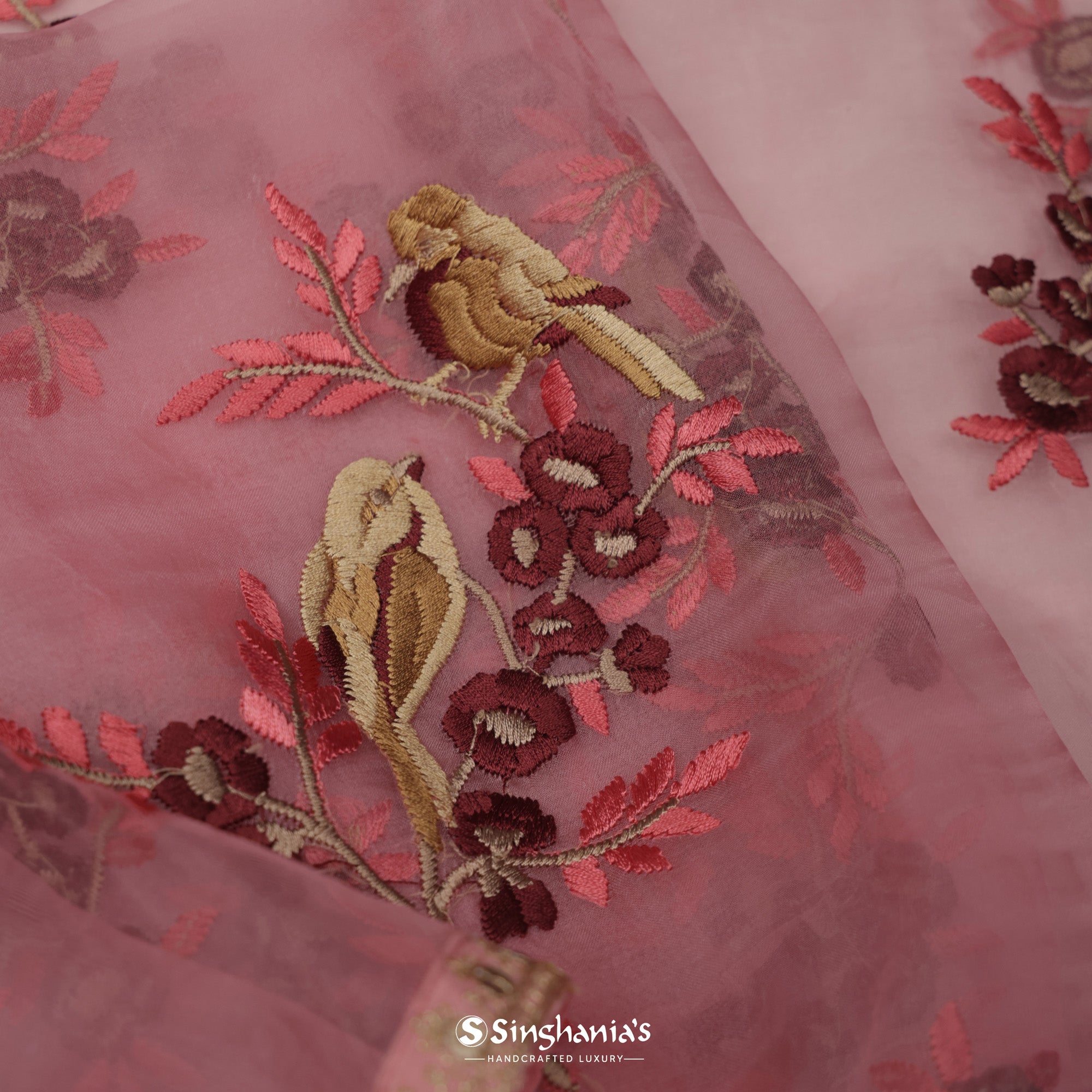Rose Gold Pink Organza Saree With Floral Embroidery
