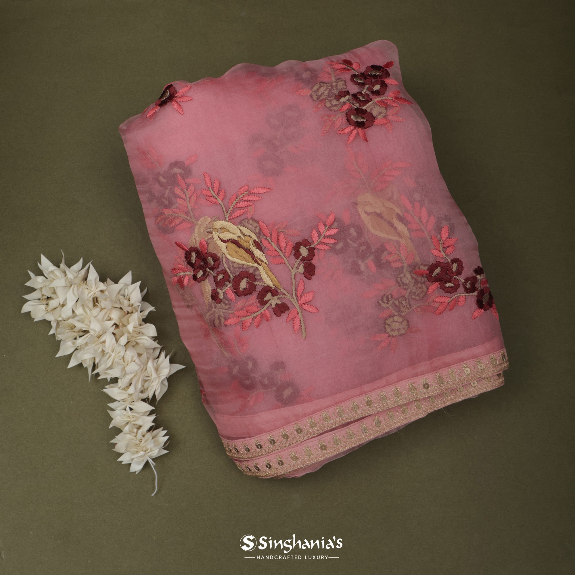 Rose Gold Pink Organza Saree With Floral Embroidery