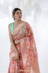 Pastel Peach Jamdani Banarasi Silk Saree With Floral Design