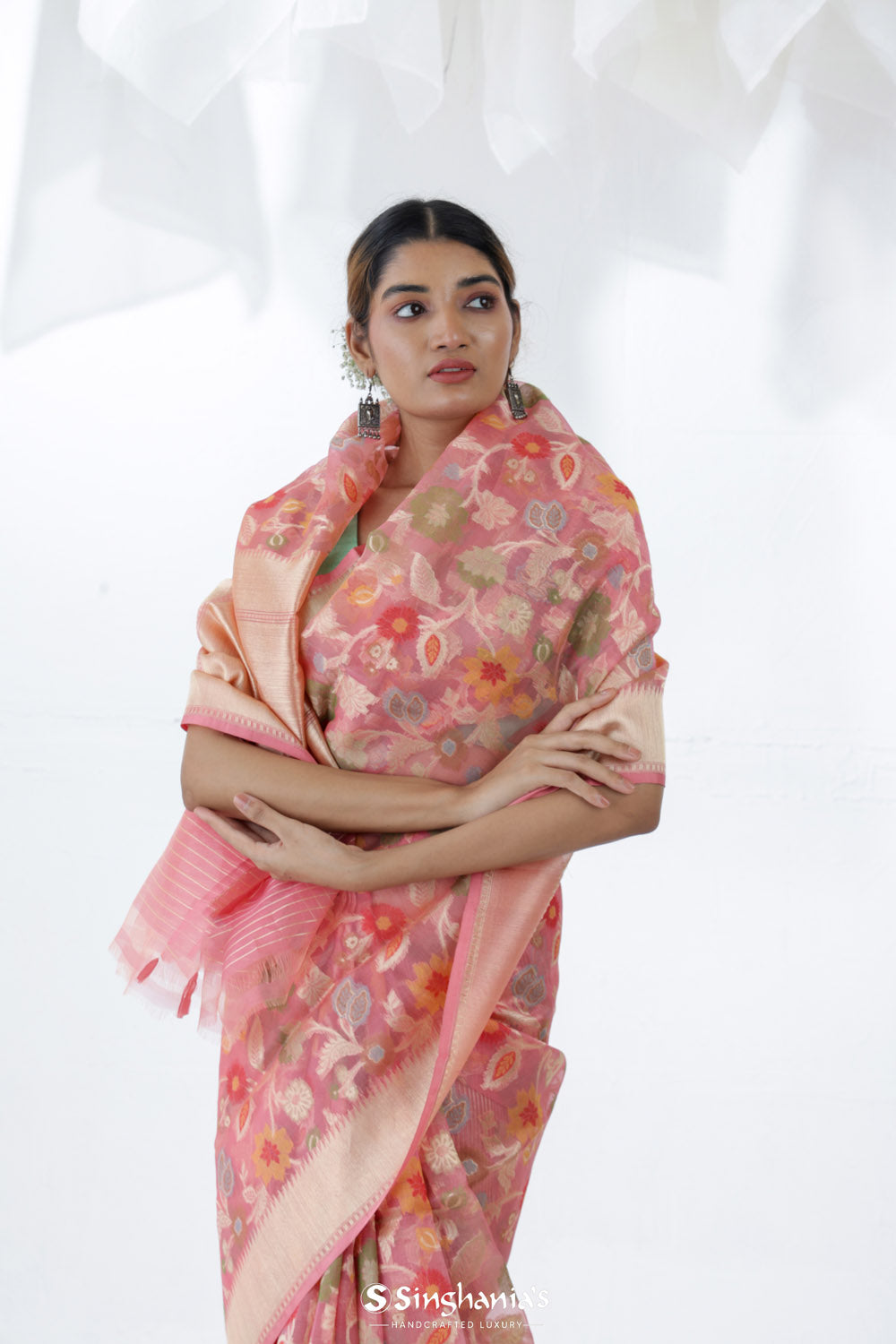 Pastel Peach Jamdani Banarasi Silk Saree With Floral Design