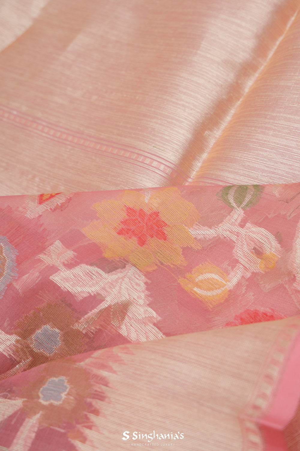 Pastel Peach Jamdani Banarasi Silk Saree With Floral Design