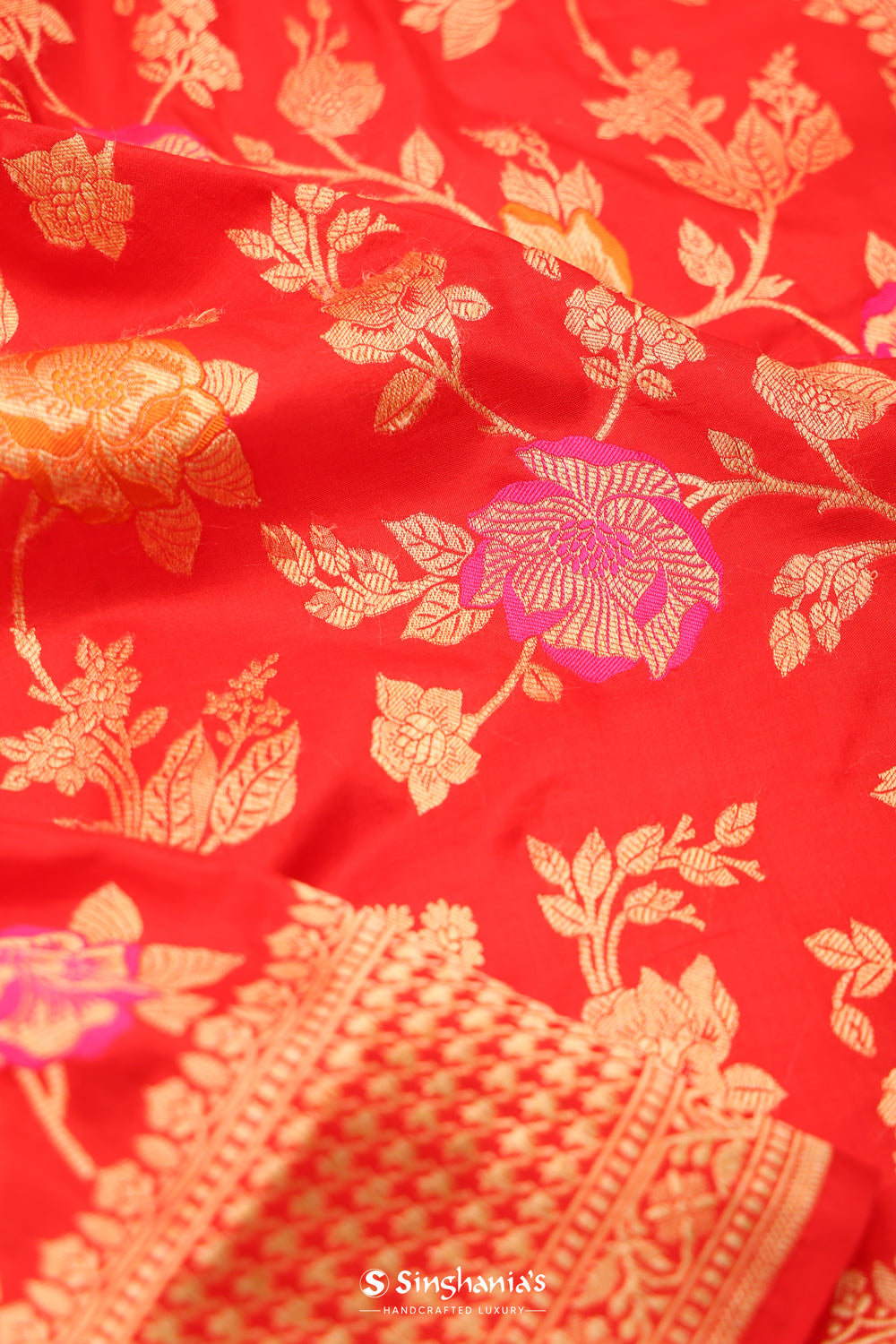 Chilli Red Banarasi Silk Saree With Meenakari Jaal