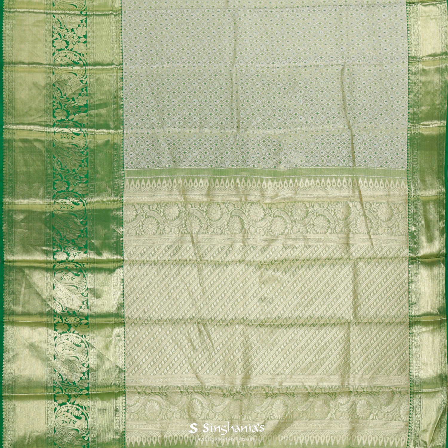 Sage Green Kanjivaram Silk Saree With Floral Jaal Pattern