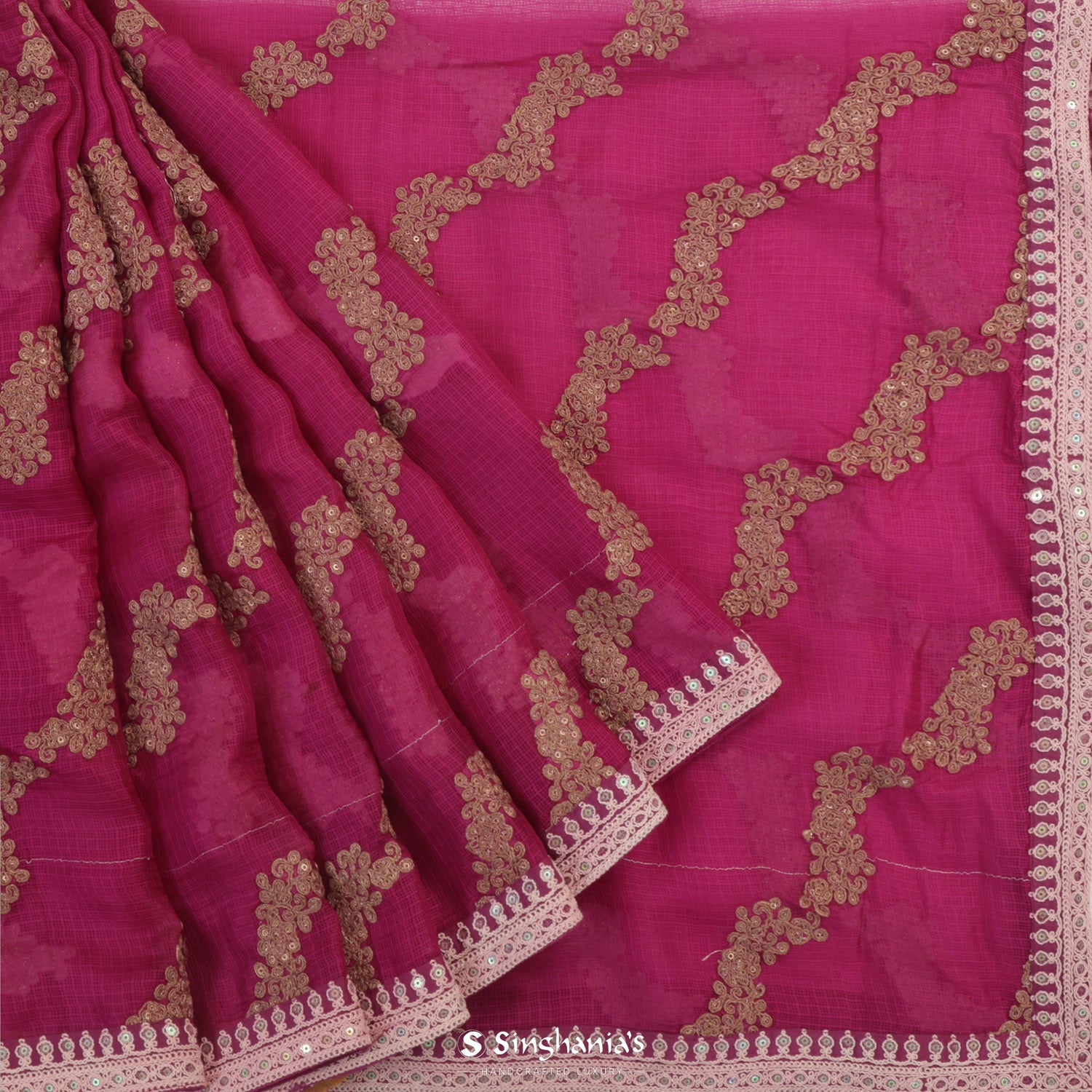 Melon Peach Kota Silk Saree With Thread Embroidery