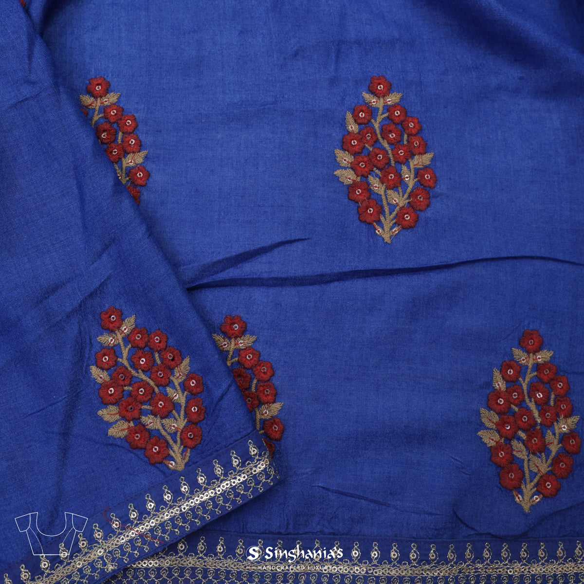 Dark Sapphire Blue Kota Silk Saree With Floral Embroidery