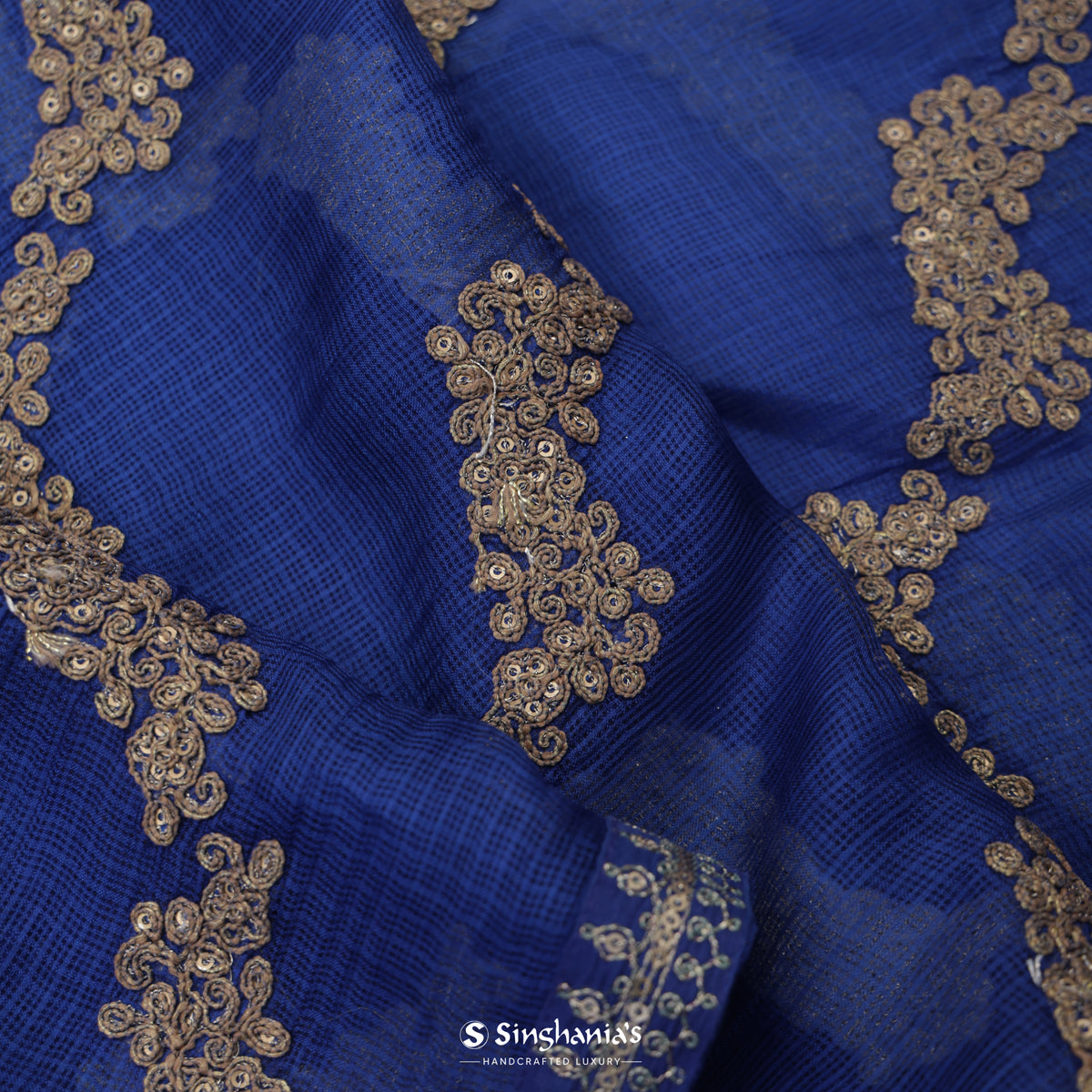Dark Sapphire Blue Kota Silk Saree With Floral Embroidery