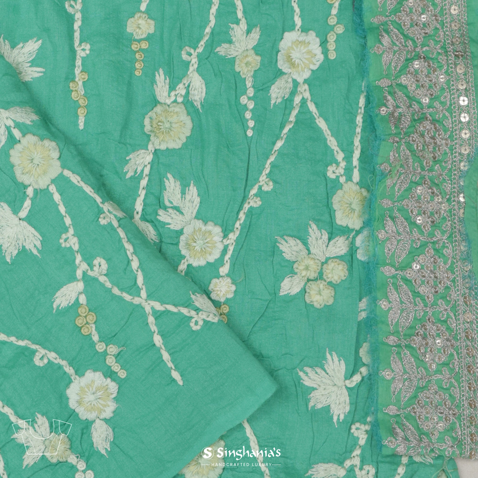 Jungle Green Printed Chiffon Saree With Floral Pattern