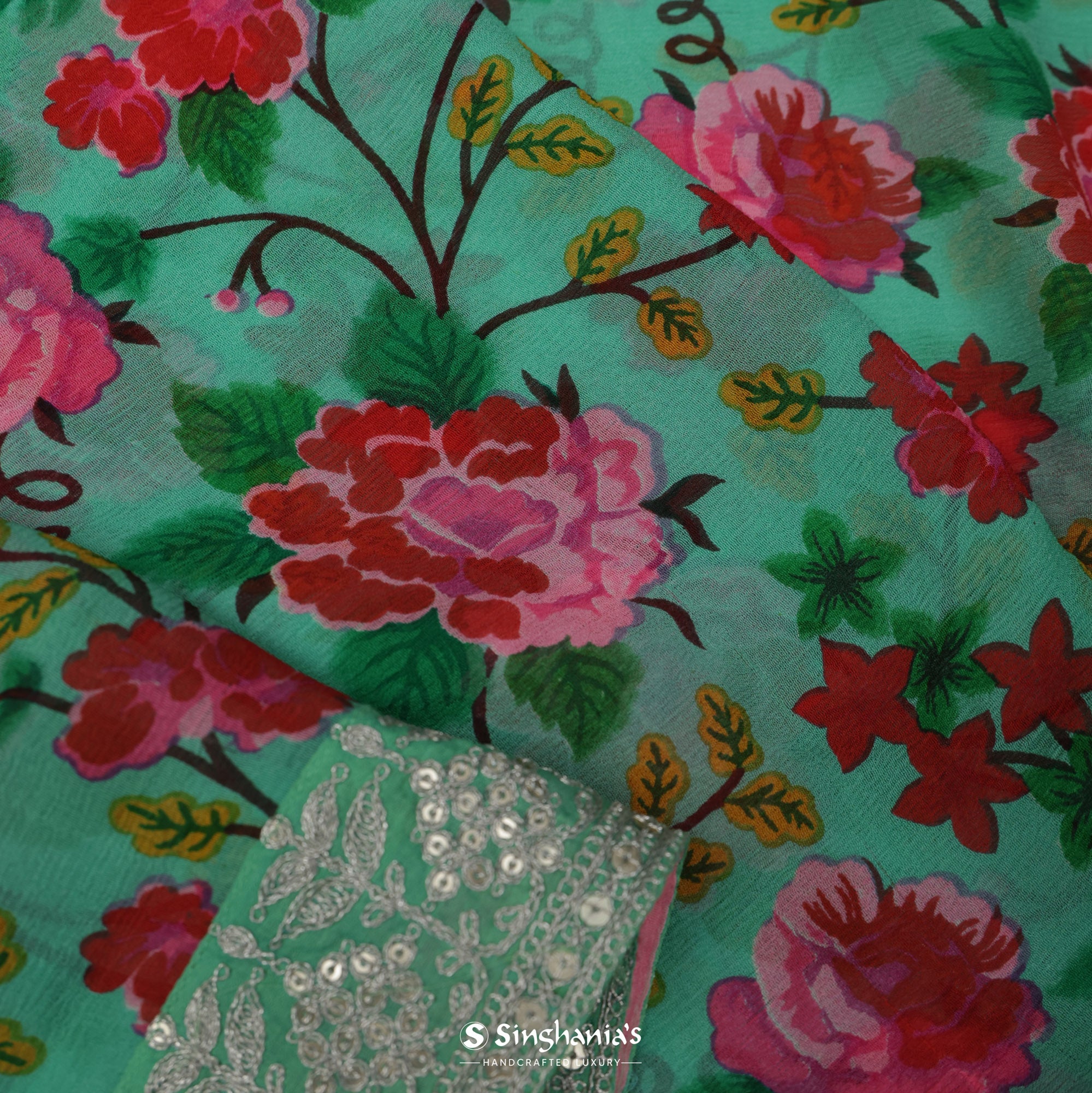 Jungle Green Printed Chiffon Saree With Floral Pattern