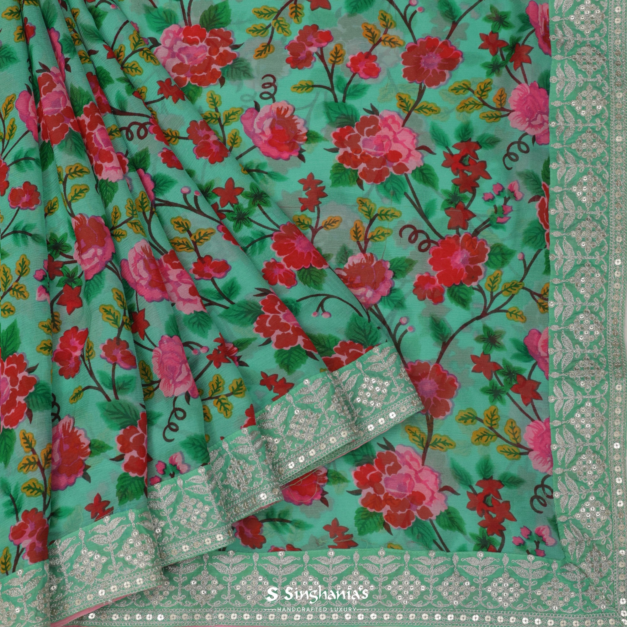 Jungle Green Printed Chiffon Saree With Floral Pattern