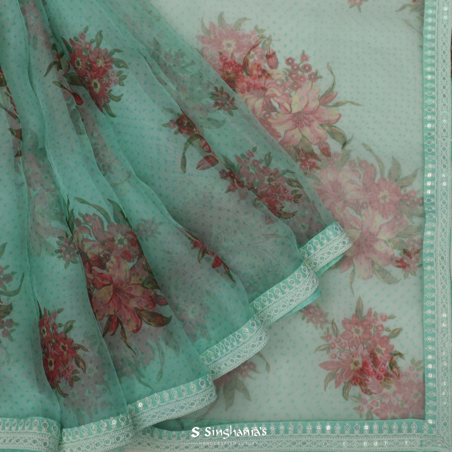 Light Turquoise Blue Printed Organza Saree With Embroidery