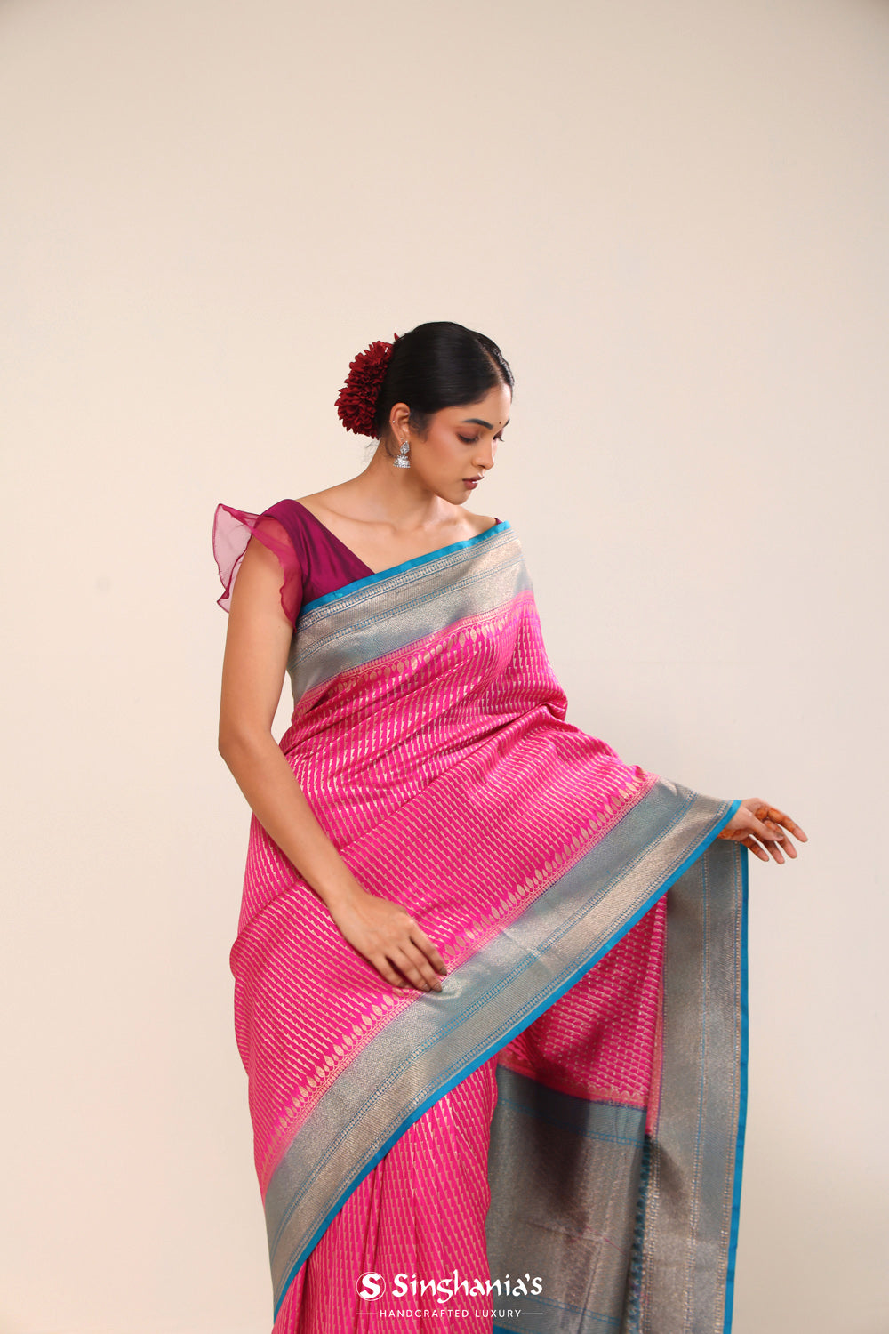 Bright Pink Chiniya Banarasi Silk Saree