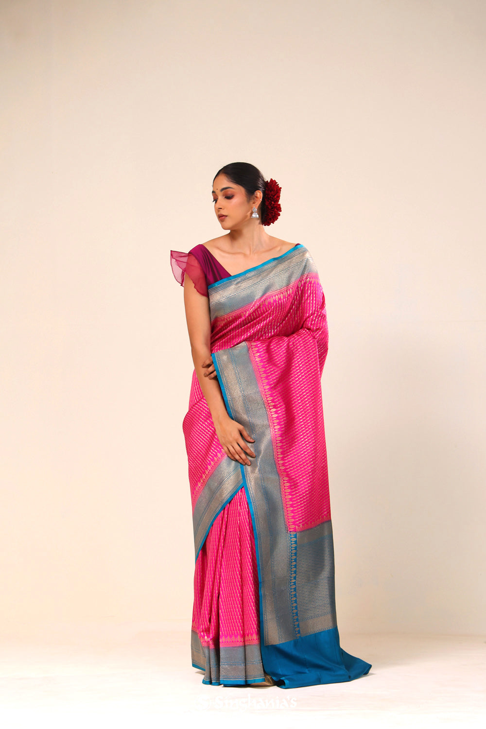 Bright Pink Chiniya Banarasi Silk Saree