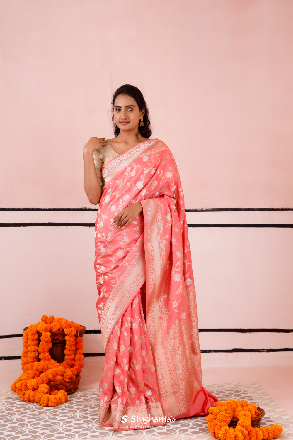 Flamingo Pink Banarasi Silk Saree With Zari Jaal Weaving