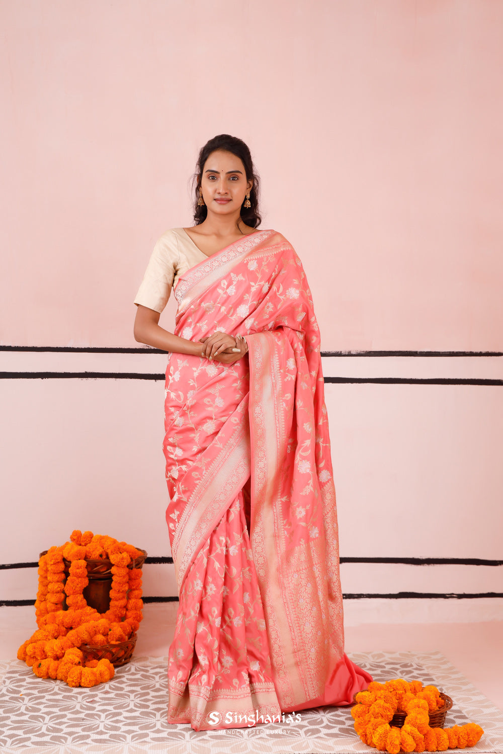 Flamingo Pink Banarasi Silk Saree With Zari Jaal Weaving