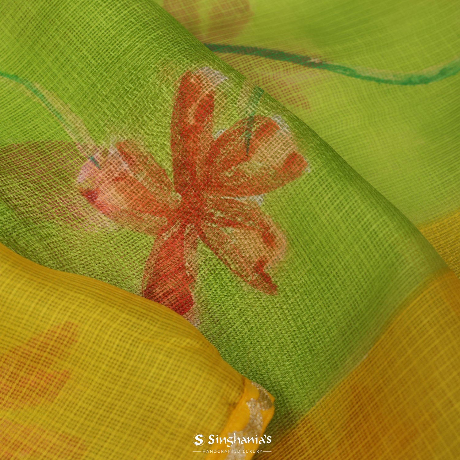 Parrot Green Printed Kota Silk Saree With Floral Print