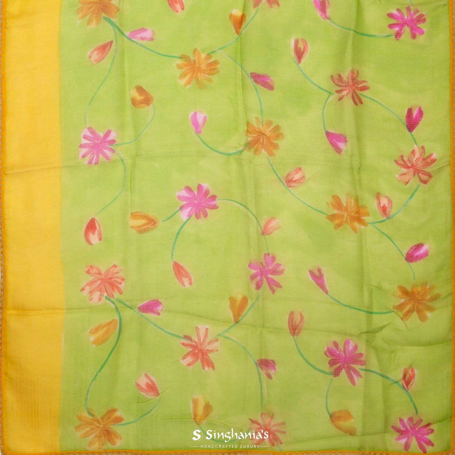 Parrot Green Printed Kota Silk Saree With Floral Print