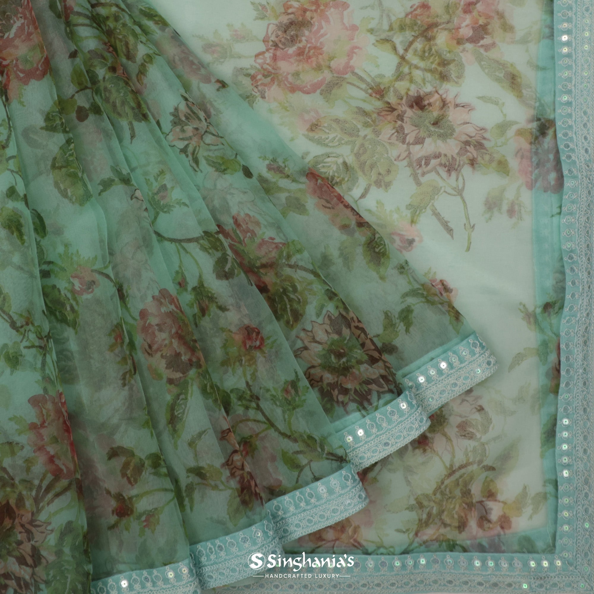 Turquoise Green Printed Organza Saree With Embroidery