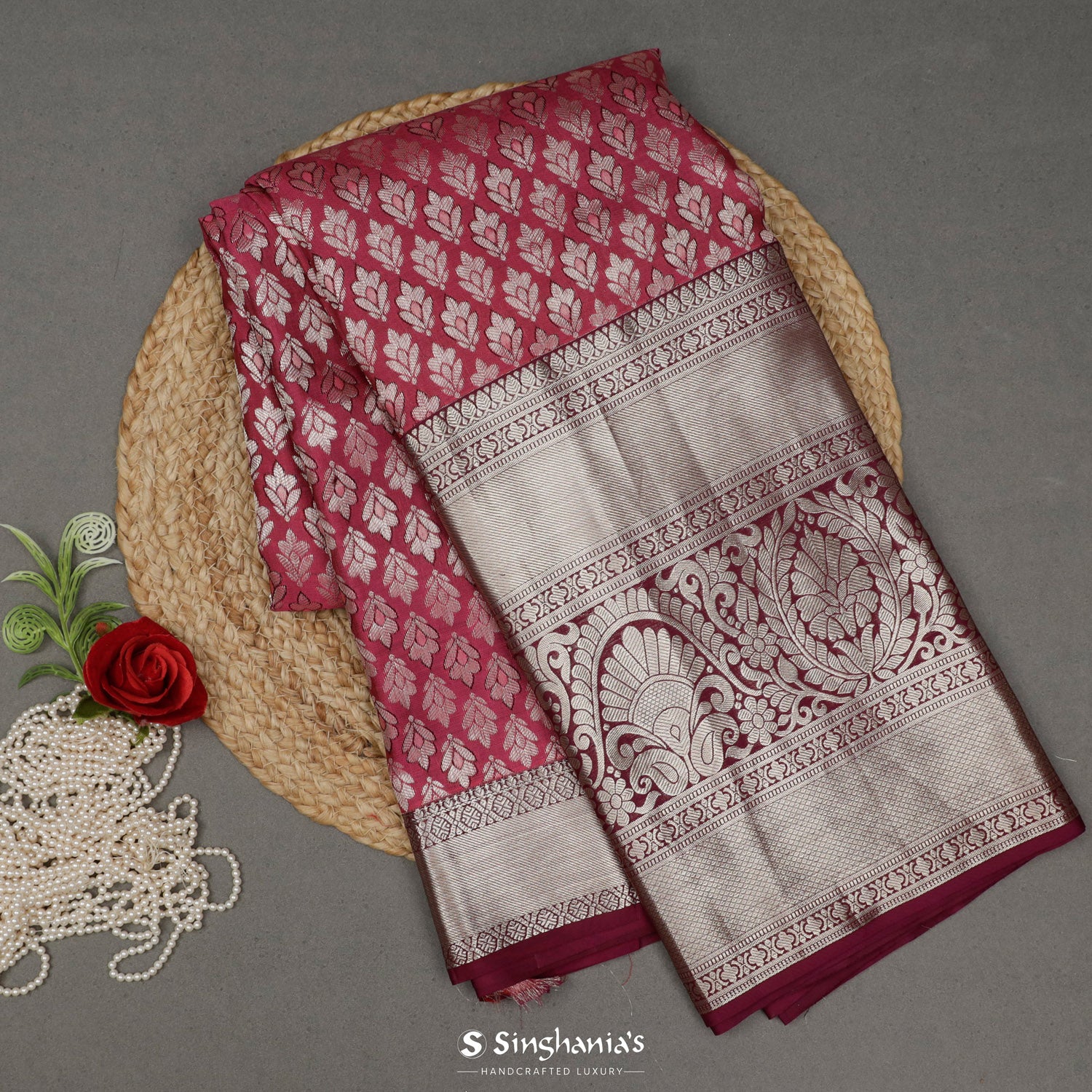 Rouge Pink Kanjivaram Saree With Floral Jaal Pattern