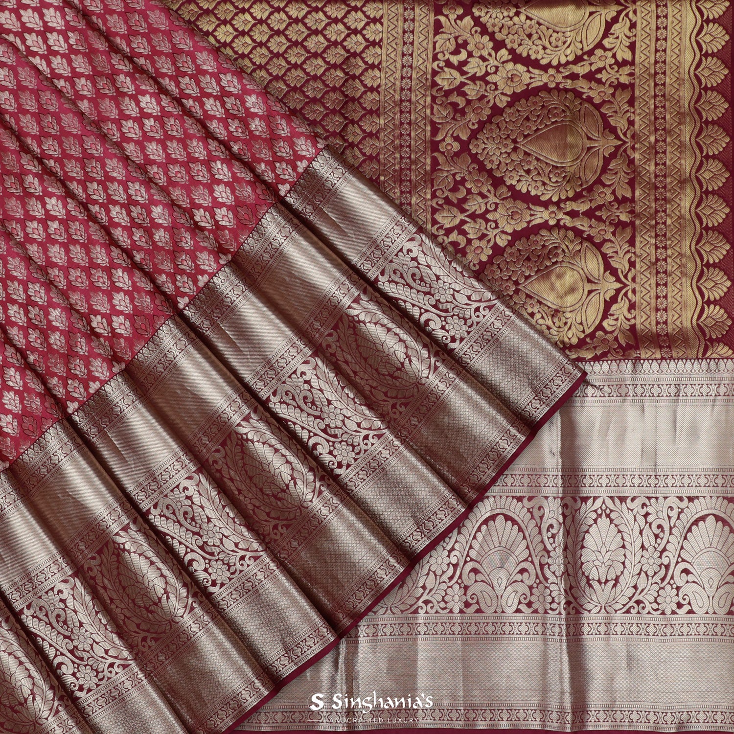 Rouge Pink Kanjivaram Saree With Floral Jaal Pattern