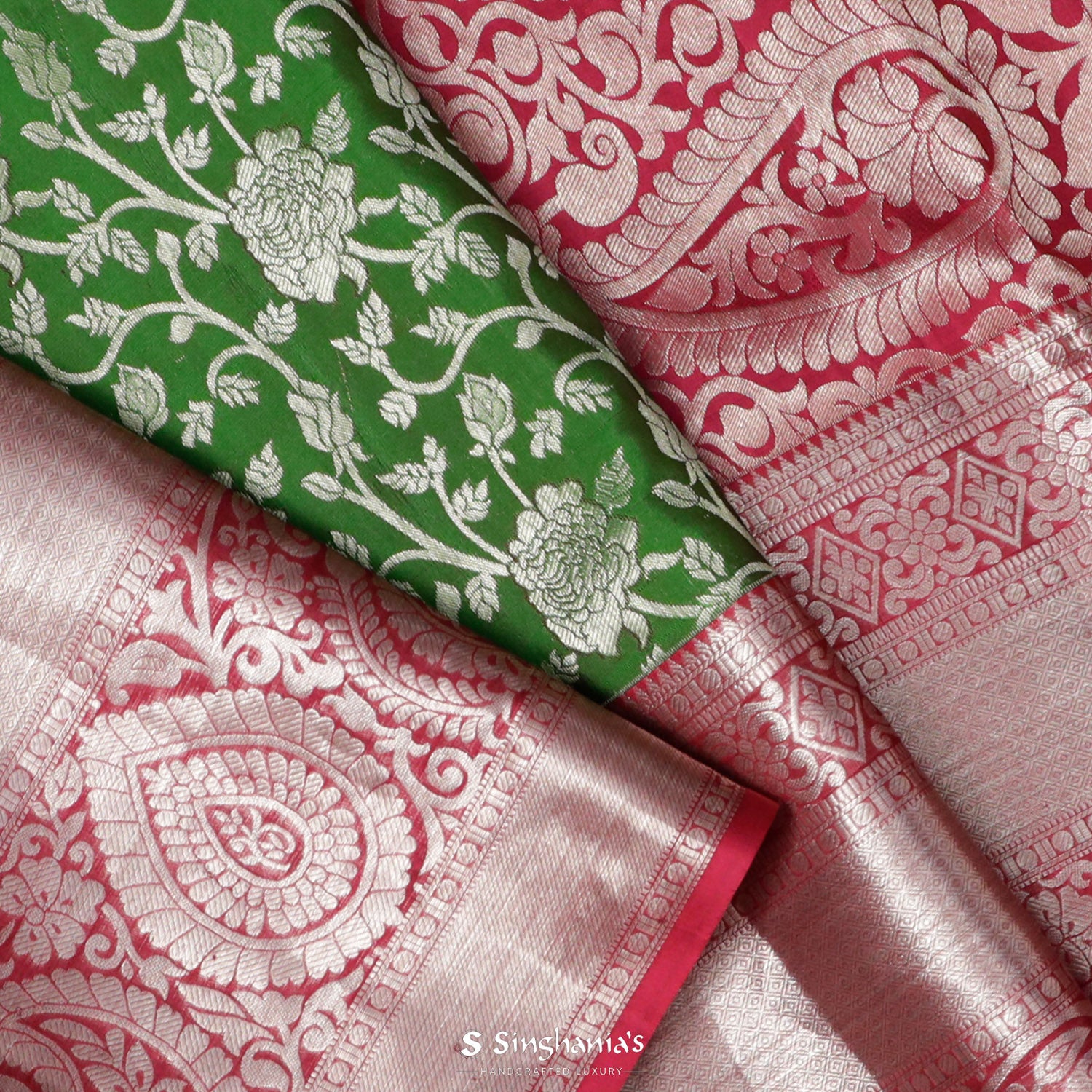 Irish Green Kanjivaram Saree With Floral Jaal Pattern