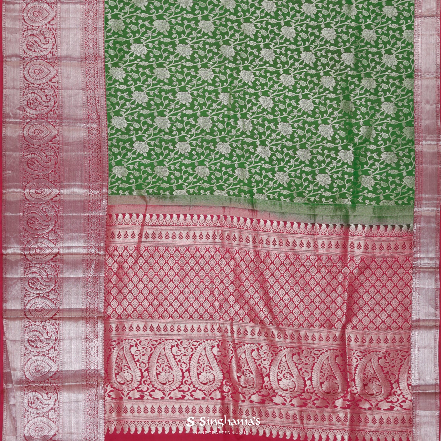 Irish Green Kanjivaram Saree With Floral Jaal Pattern