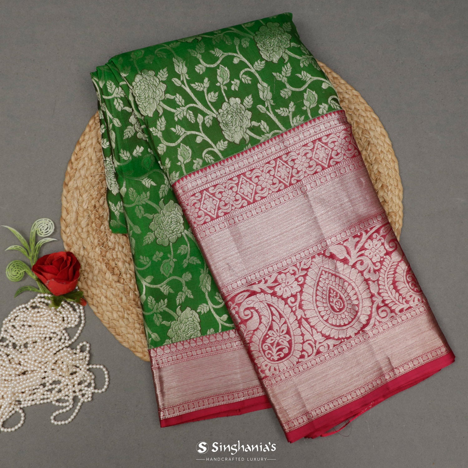 Irish Green Kanjivaram Saree With Floral Jaal Pattern