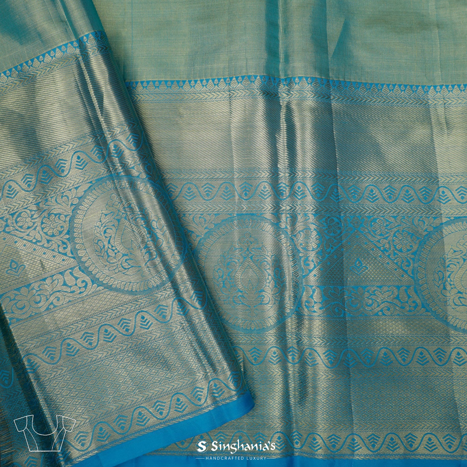 Tiffany Blue Kanjivaram Silk Saree With Floral Jaal Pattern