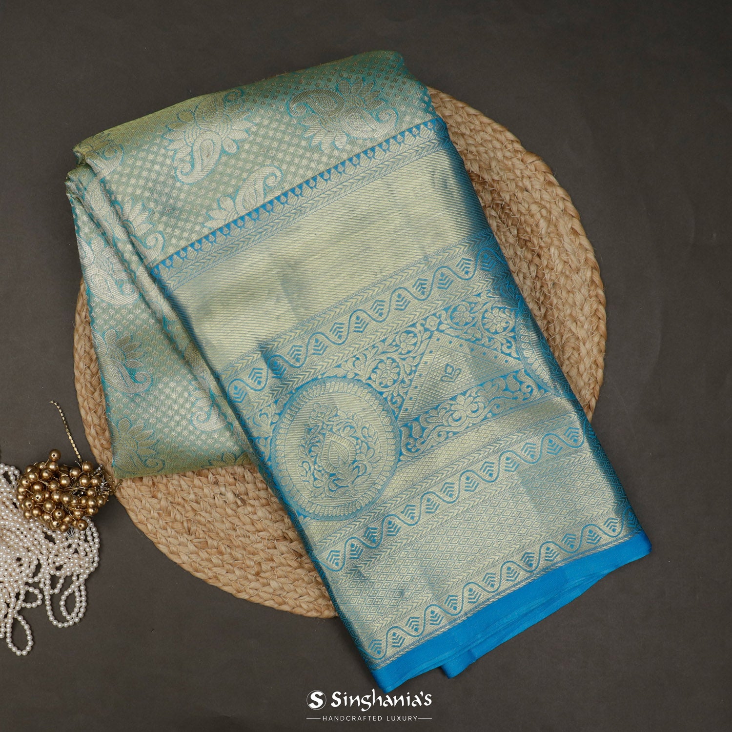 Tiffany Blue Kanjivaram Silk Saree With Floral Jaal Pattern