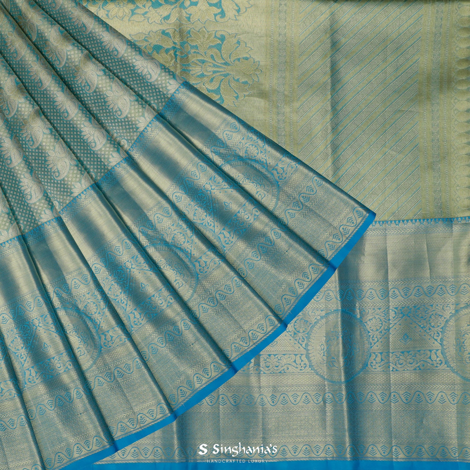 Tiffany Blue Kanjivaram Silk Saree With Floral Jaal Pattern