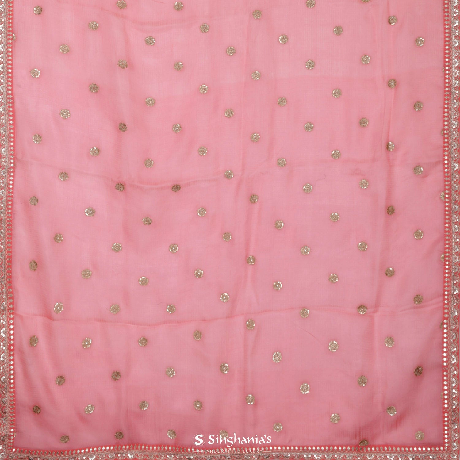 Coral Pink Kota Silk Saree With Floral Buttis