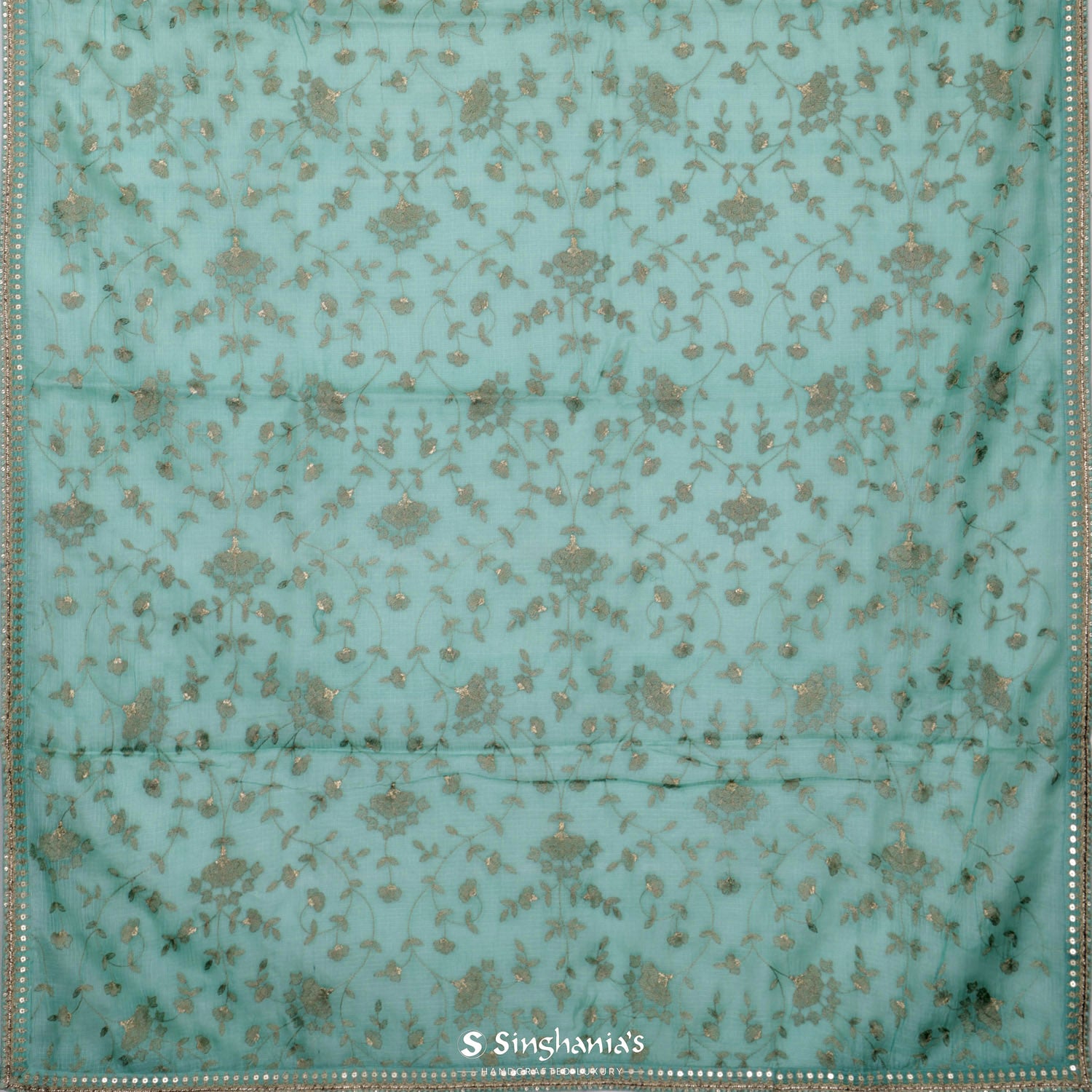 Tiffany Blue Kota Silk Saree With Floral Zari Thread Work