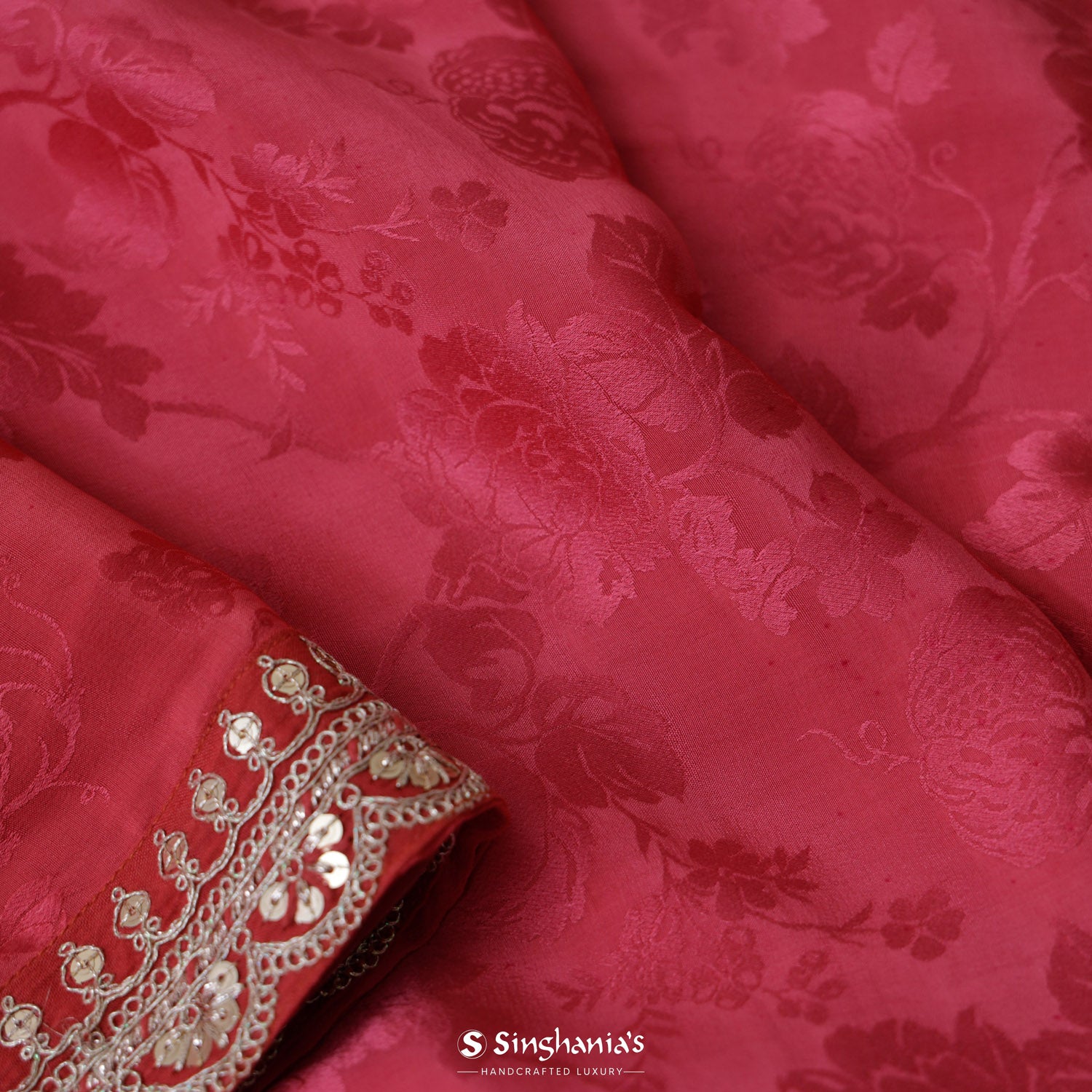Watermelon Pink Satin Saree With Self Woven Floral Pattern
