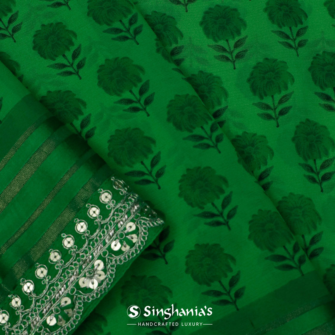Pleasing Green Printed Georgette Saree With Floral Pattern