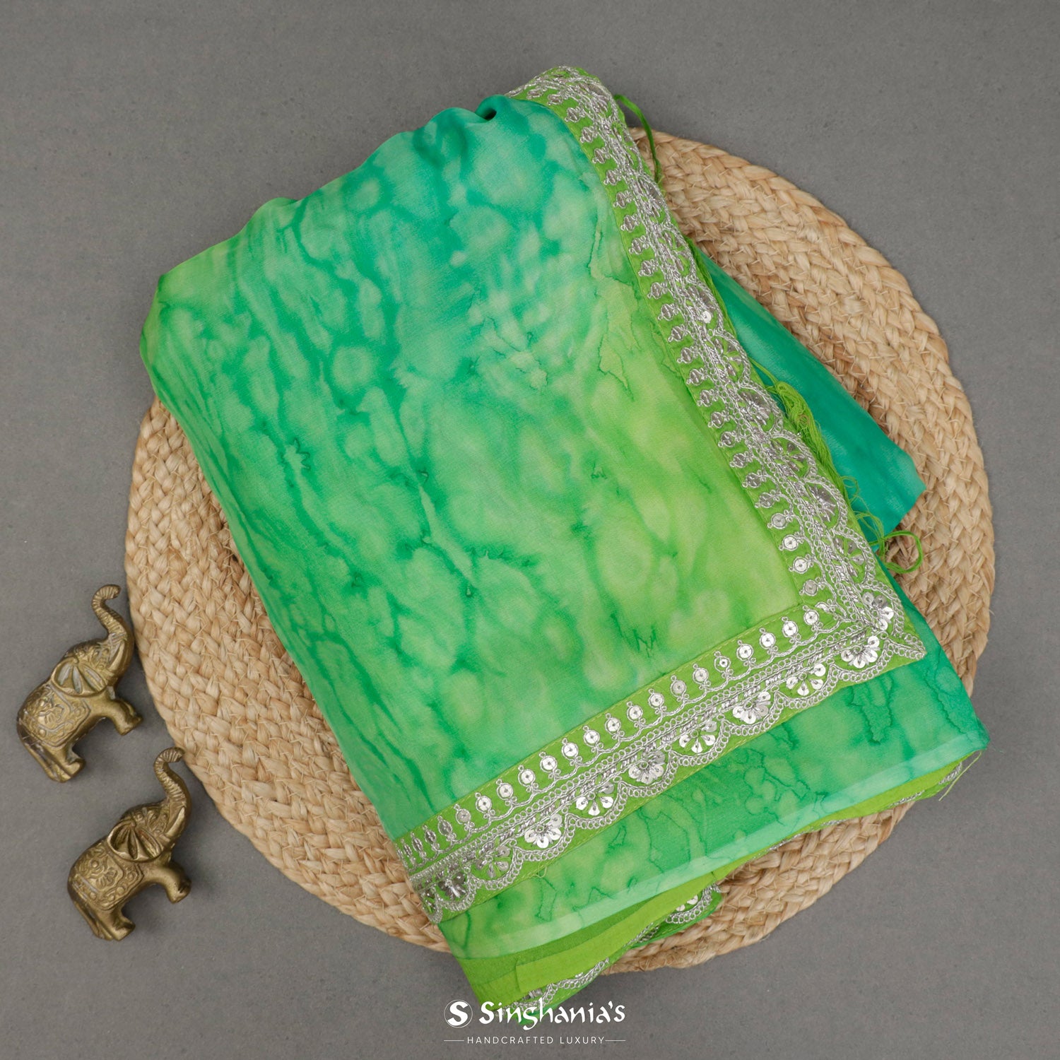 Irish Green Printed Georgette Saree In Shibori Pattern