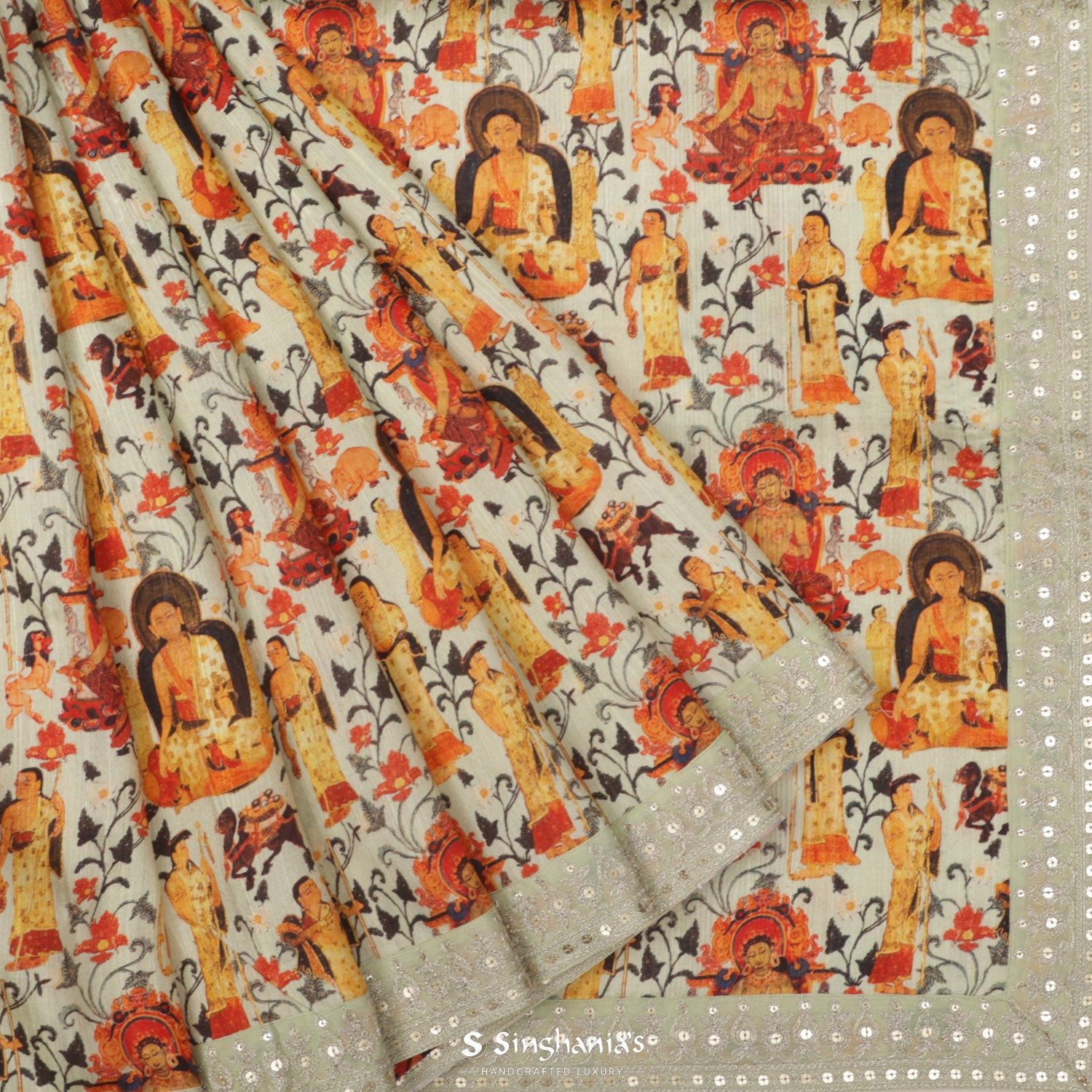 Ceramic White Dupion Silk Saree With Printed Mythological Pattern