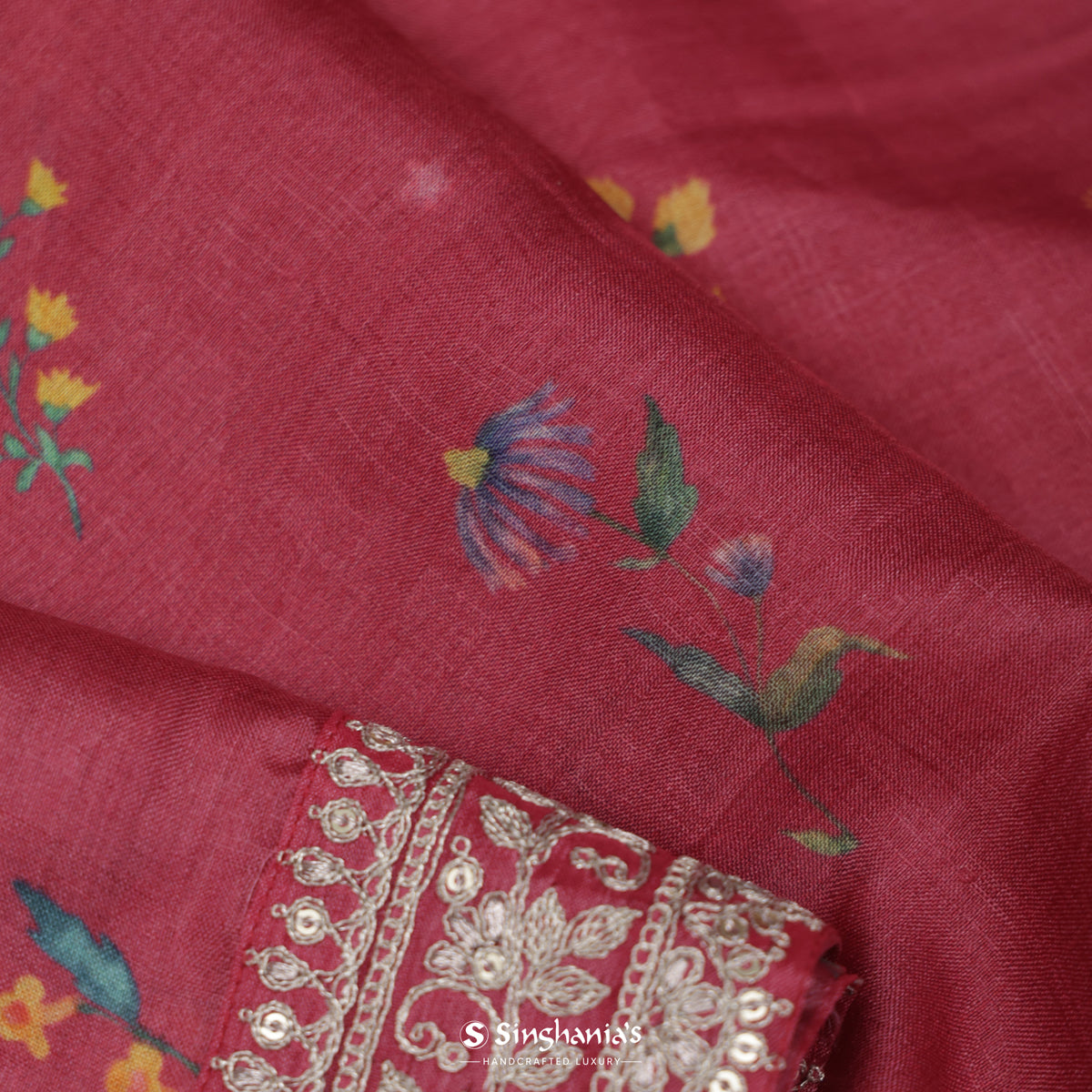 Hibiscus Red Printed Tussar Saree With Embroidery Border