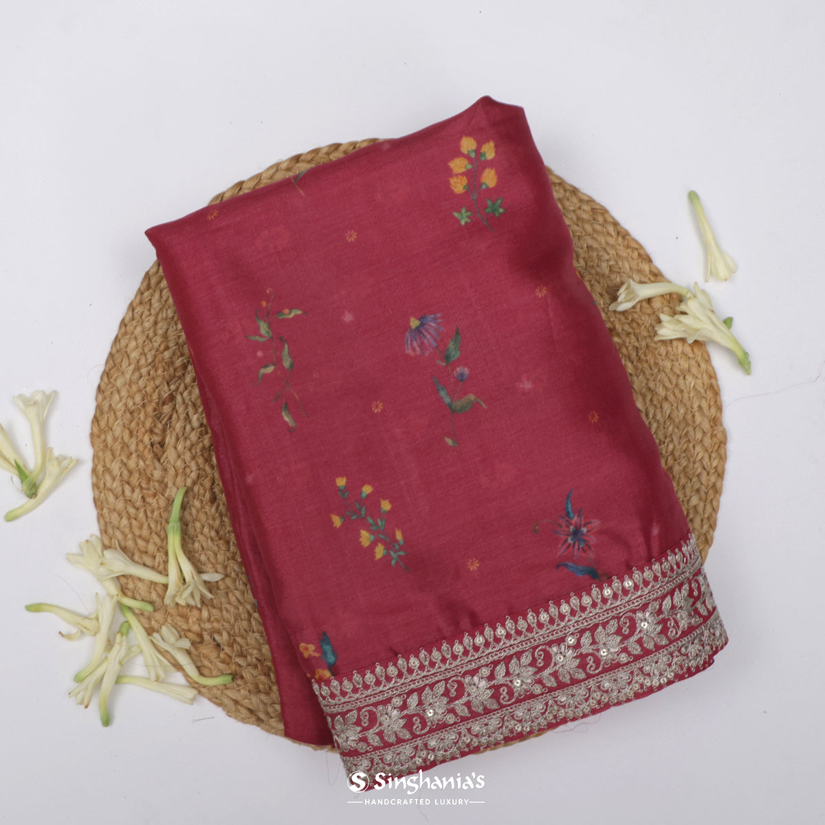 Hibiscus Red Printed Tussar Saree With Embroidery Border