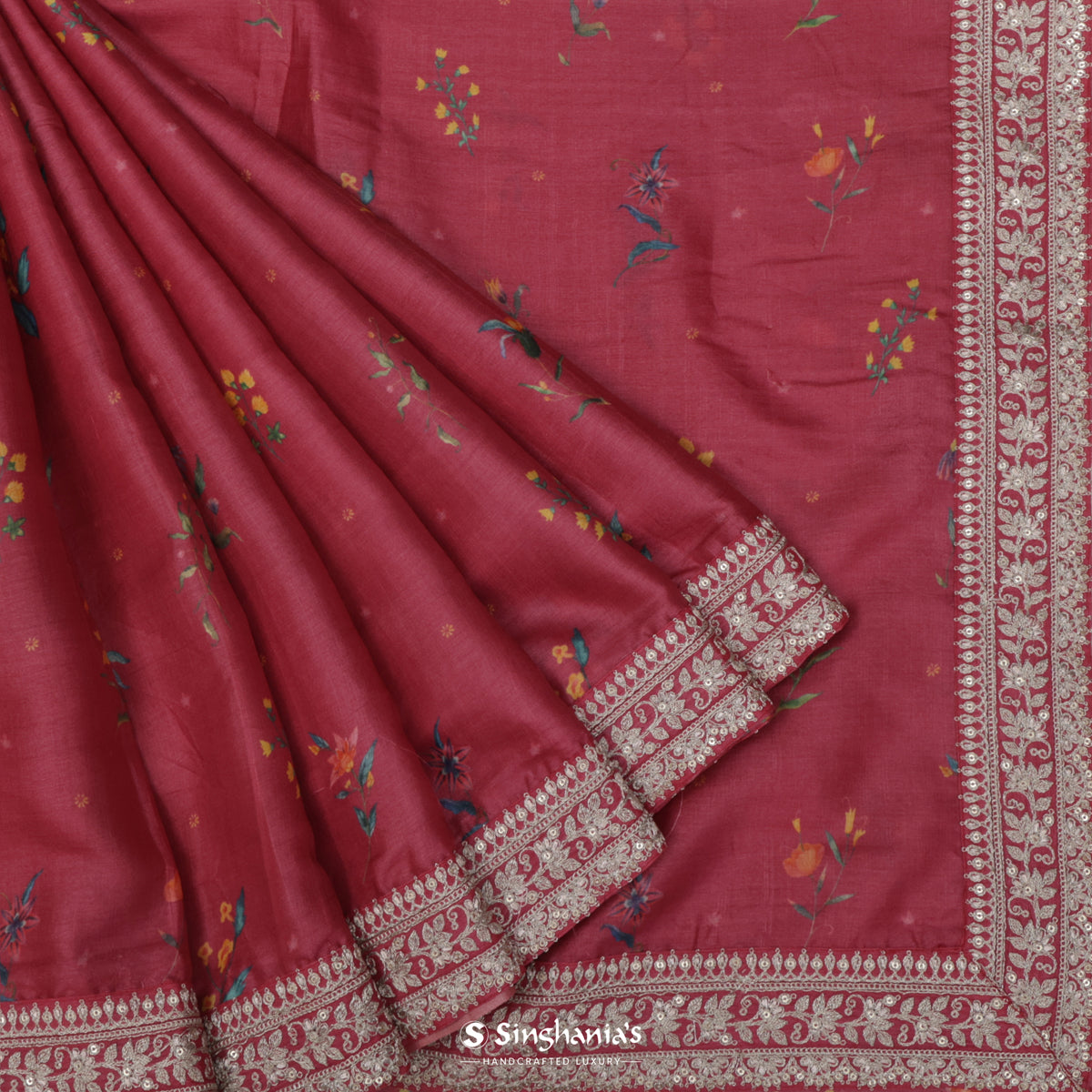 Hibiscus Red Printed Tussar Saree With Embroidery Border