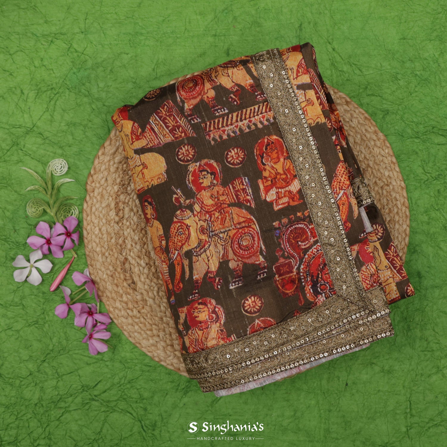 Pullman Green Printed Dupion Silk Saree With Mythological Pattern