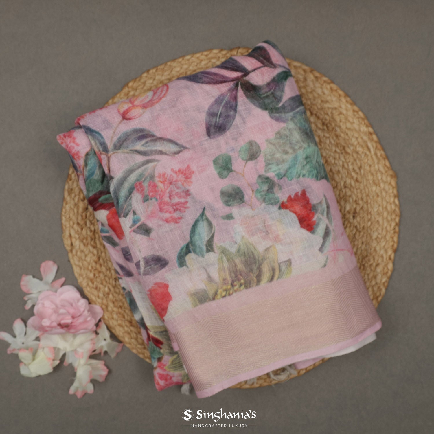 Pastel Pink Printed Linen Saree With Floral Pattern And Has Zari Weaving